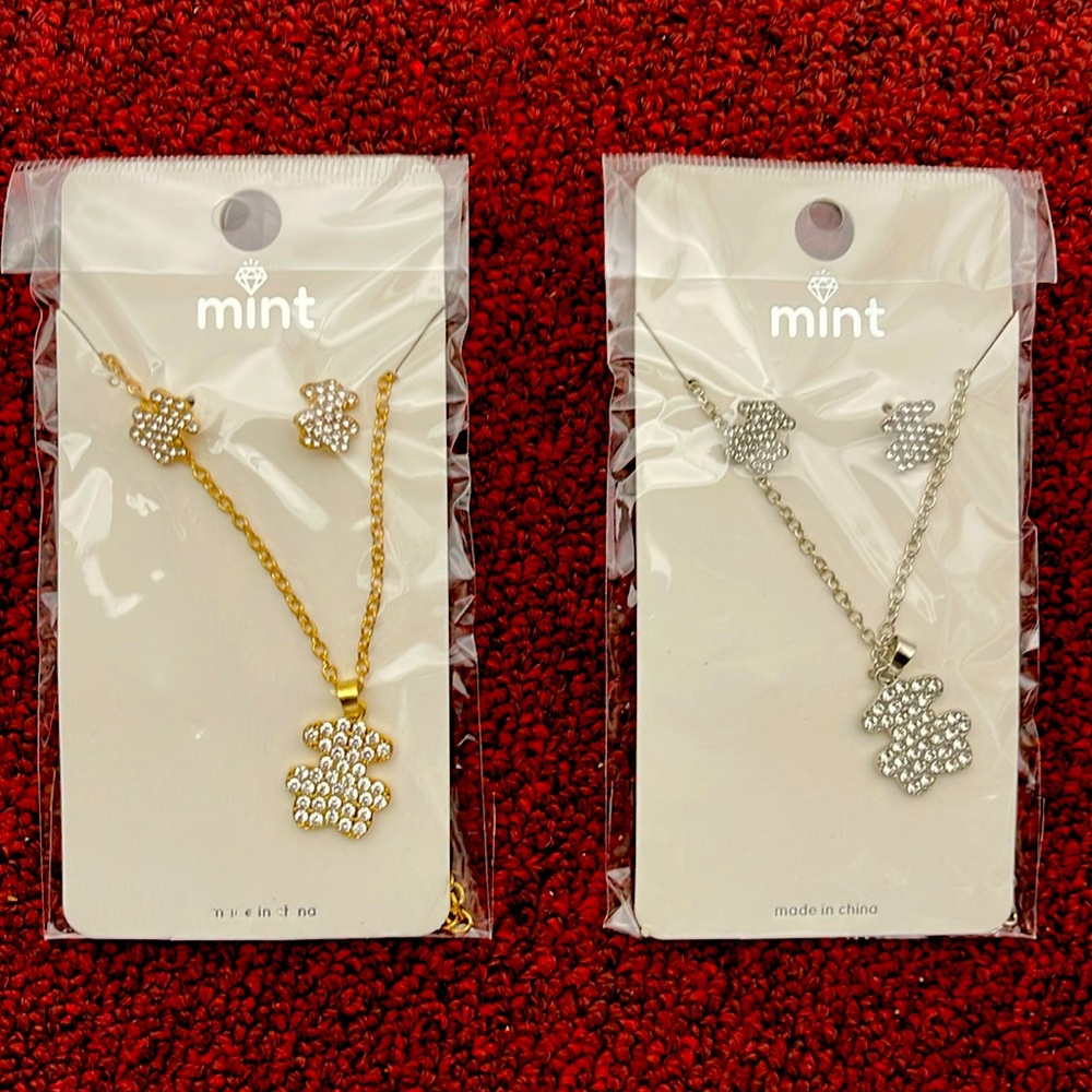 Mint Gold and Silver Teddy Bear Necklace Set